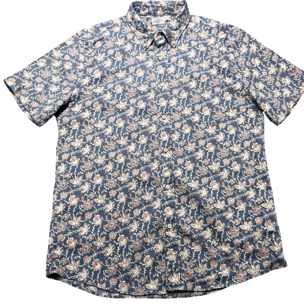 Faherty Shirt Mens Large Blue Floral Short Sleeve Button Front Casual Summer